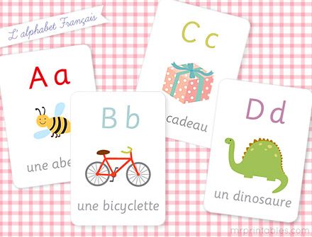 Free printable French alphabet flashcards, from abeille to zèbre